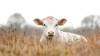 Obraz premium White Calf Resting In Brown Field With Autumn Mist