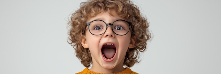 Child with curly hair expresses excitement with wide open mouth