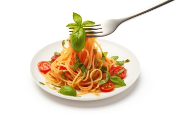 Tomato and basil pasta on a white background on a fork
