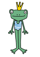 Digital illustration of a frog in a swimsuit and with a crown on a transparent background.
