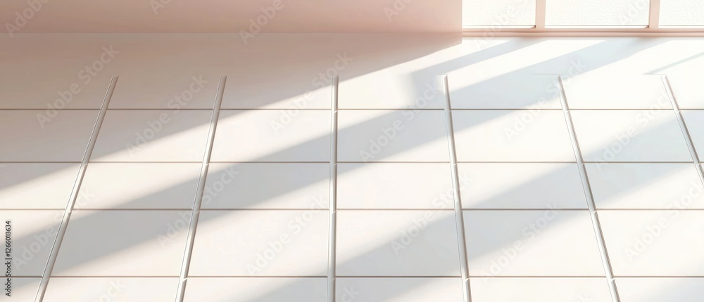 Poster sunlight illuminating white tiled floor with parallel lines