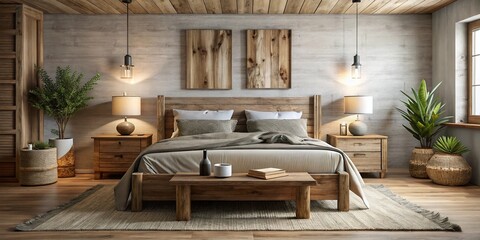 Panoramic Modern Rustic Bedroom: Solid Wood Bed, Wabi-Sabi Design, High-Resolution Stock Photo