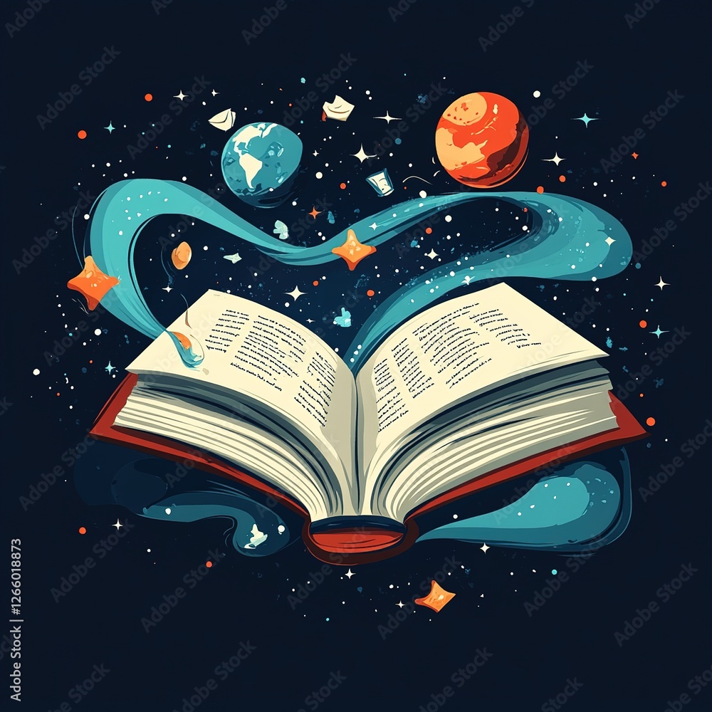 Poster exploring cosmic realms through an open book in a starry universe digital art fantasy environment wh