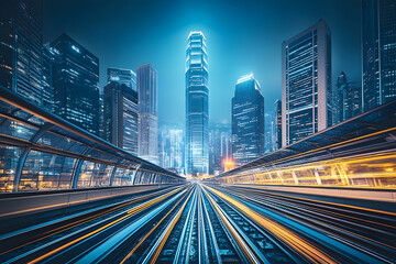 Fototapeta premium Hong Kong Night Cityscapes, Futuristic Train Tracks, Urban Skyline, Night Time. Possible Use Stock Photo