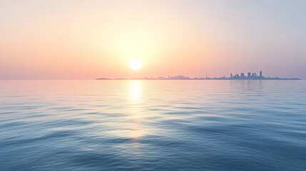 Obraz premium Sunrise over city skyline reflected on calm water. Possible use for backgrounds, nature scenes, travel, or inspirational posters
