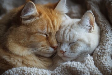 Fototapeta premium Two Adorable Cats Sleeping Together in Cozy Blanket Environment