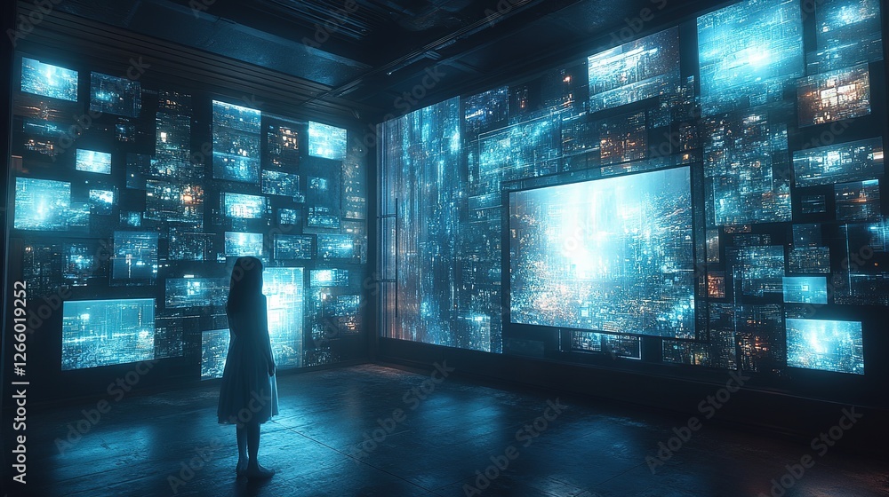 Poster exploring immersive digital art installations gallery space visual content urban environment wide-an