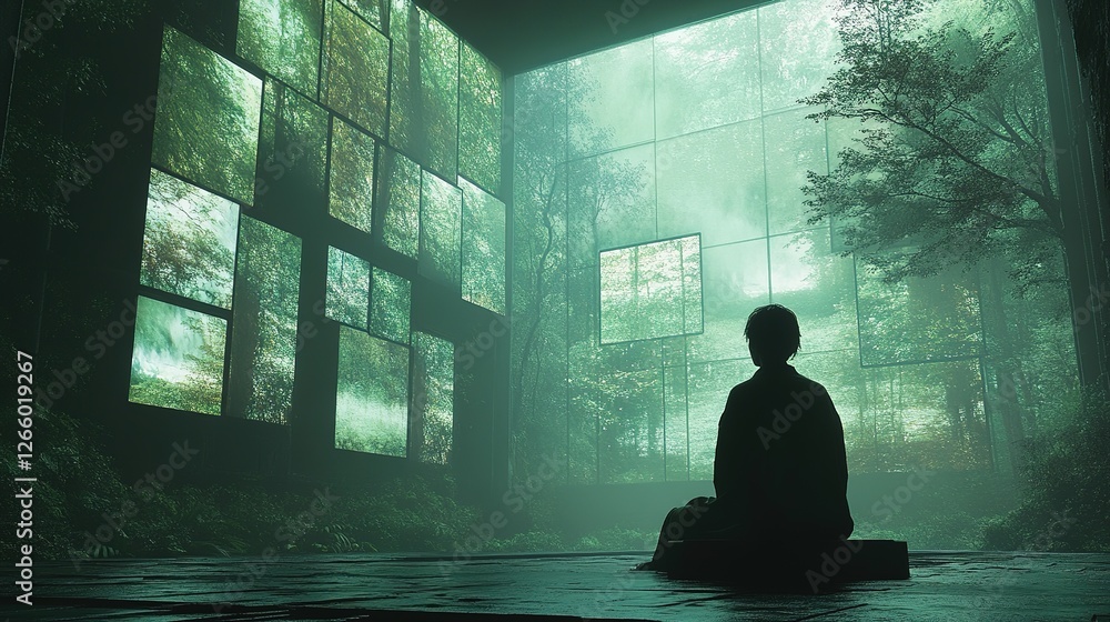 Poster exploring tranquil reflections forest interaction digital art serene environment thoughtful viewpoin