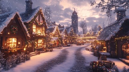 Naklejka premium A quaint christmas village glows under a snowy sky