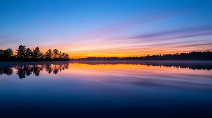 Obraz premium Vibrant Sunrise Over Calm Lake With Tree Reflections