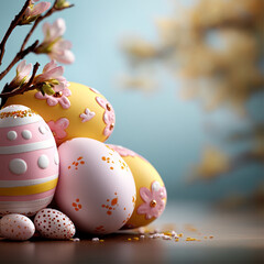 Obraz premium Beautifully Decorated Easter Eggs with Blossoms and Soft Lighting