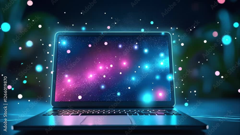 Poster a laptop displaying a colorful, glowing cosmic or abstract design with floating particles of light a