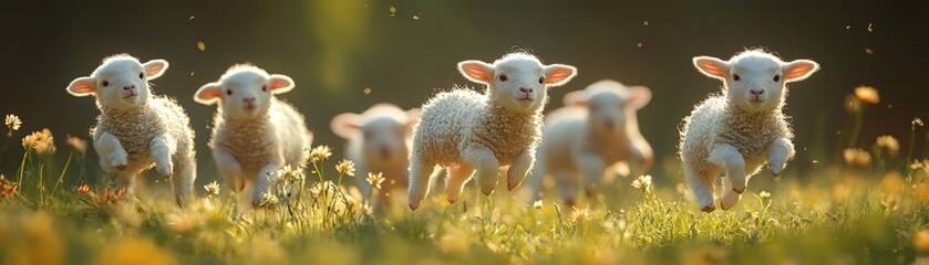Fototapeta premium Playful lambs running through a flower-filled meadow nature scene sunny day close-up view joyful concept