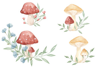 Forest composition, decor set. Forest theme. Mushrooms, flowers. Woodland. Scrapbooking. Children's theme. Butterflies.
