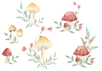 Forest composition, decor set. Forest theme. Mushrooms, flowers. Woodland. Scrapbooking. Children's theme. Butterflies.