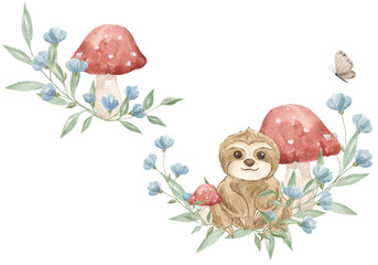 Forest composition, decor set. Forest theme. Mushrooms, flowers. Woodland. Scrapbooking. Children's theme. Butterflies. composition with sloths. Cute sloth. Watercolor.