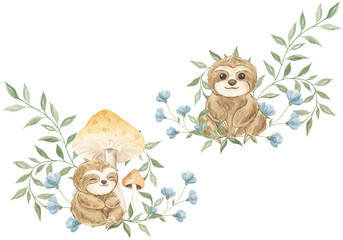 Forest composition, decor set. Forest theme. Mushrooms, flowers. Woodland. Scrapbooking. Children's theme. Butterflies. composition with sloths. Cute sloth. Watercolor.