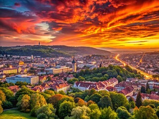 Obraz premium Panoramic Stuttgart Skyline at Sunset, Dramatic Red Hues