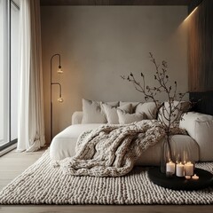 Cozy living room interior with a chunky knit blanket