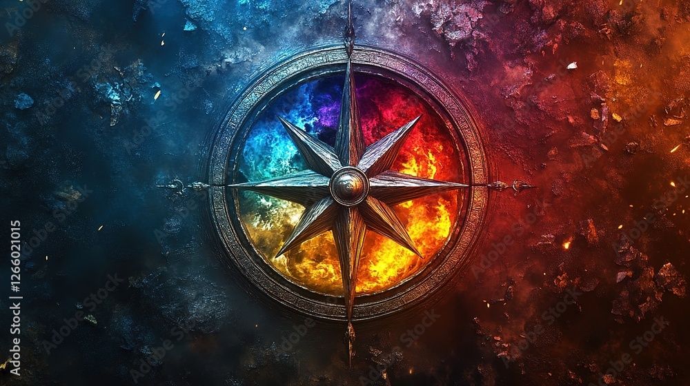 Poster dynamic compass design abstract art digital artwork colorful background artistic perspective symboli