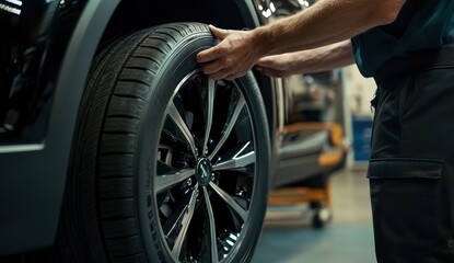 Obraz premium Mechanic changing tire in auto repair shop during daylight hours