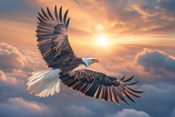 A bald eagle flying gracefully against a colorful sunset backdrop.
