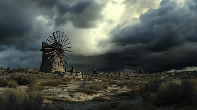 Windmill stands tall against dark storm clouds in arid landscape near dusk