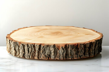 Rustic wood slice display, marble background