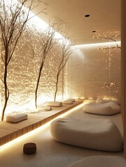 Serene spa interior features trees stone wall and soft lighting