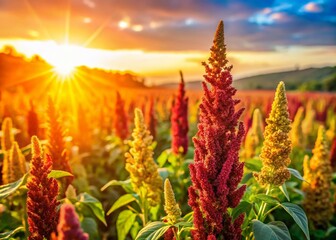 Fototapeta premium Panoramic View of a Quinoa Farm at Sunrise: Abundant Superfood Harvest