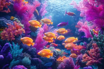 Vibrant coral reef teeming with diverse colorful fish, a breathtaking underwater scene.
