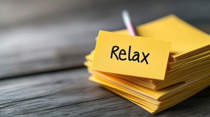 Yellow Sticky Note with Relax Word on Rustic Wooden Background