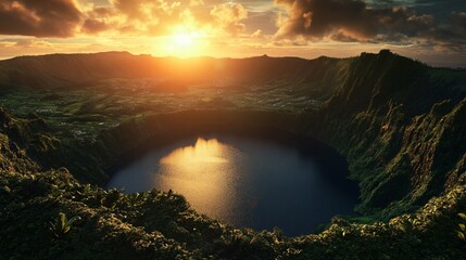 Green Lush Mountain Range with Lake at Sunset
