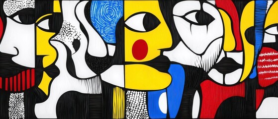 Abstract Cubist Faces in Bold Red Yellow Blue and Black