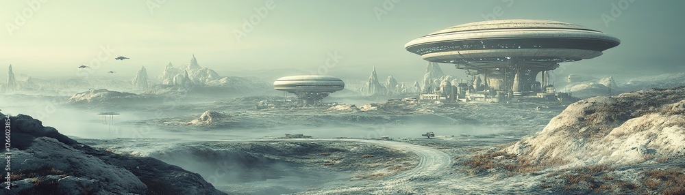 Poster exploring futuristic landscapes with alien structures alien planet digital art sci-fi environment ae