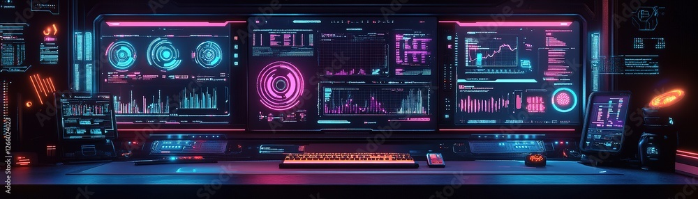 Poster dynamic technology dashboard displaying data analytics futuristic office digital environment wide an