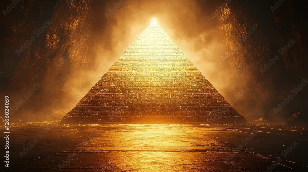 Poster illuminated pyramid structure ancient temple digital artwork mysterious environment low angle light 