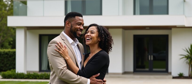 African American couple celebrating at rear of modern house Dream Home - MHL Concept