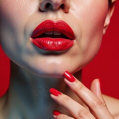 Naklejka premium Vibrant red lipstick showcased against a bold background with matching nails