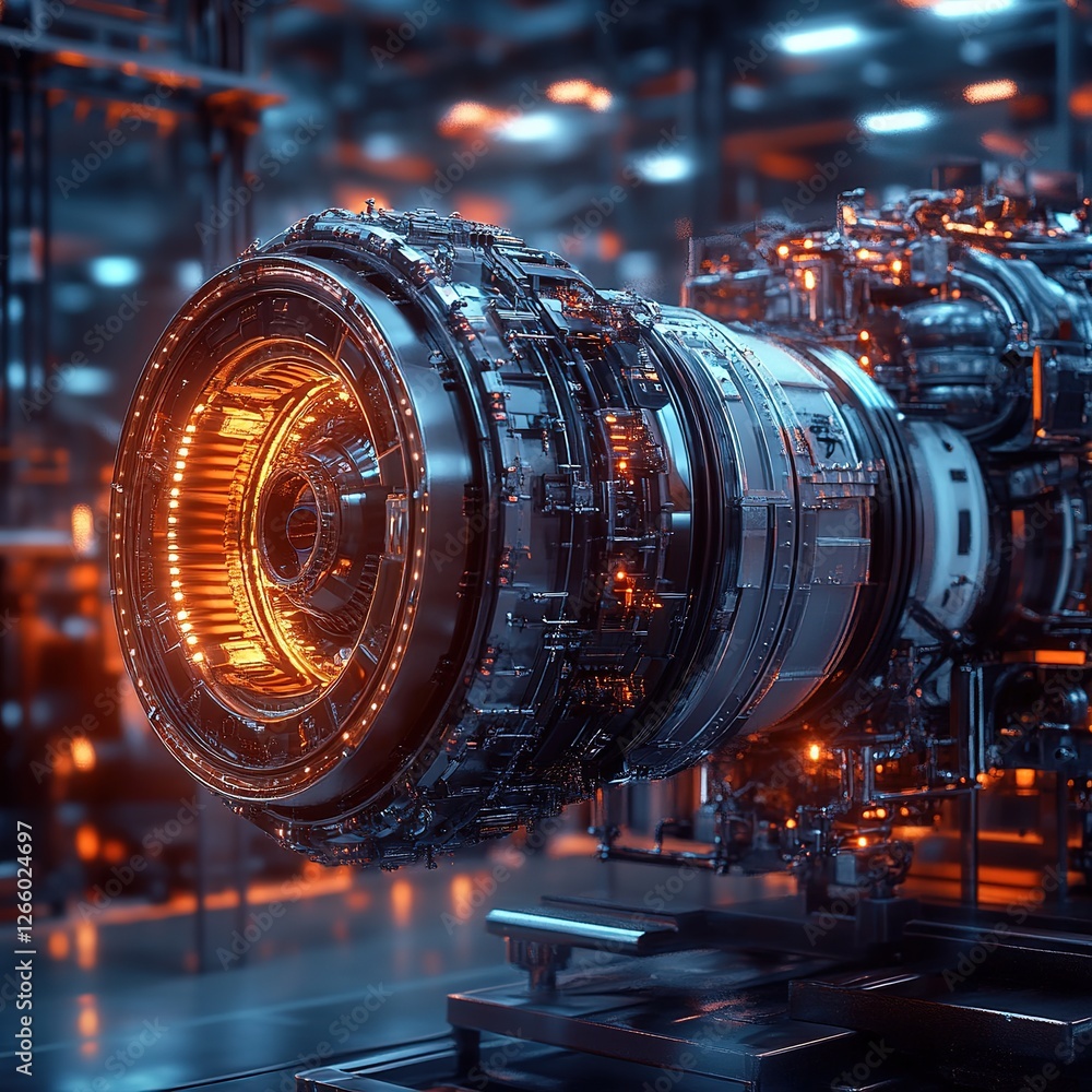 Poster innovative engine design industrial facility 3d rendering high-tech environment close-up view mechan