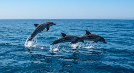 Fototapeta premium Photograph of three dolphins jumping out of the water in a blue ocean with white waves, clear sky, and bright sunlight.
