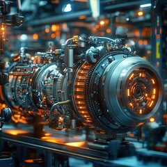 Fototapeta premium Manufacturing engine components industrial factory machinery high-tech environment close-up view innovation and engineering