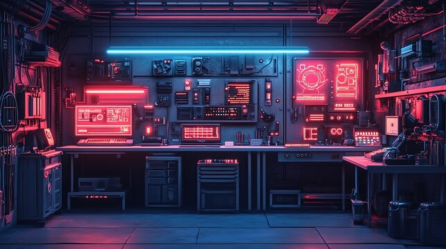 Futuristic tech workshop urban setting digital displays high-tech environment eye-level view innovation hub