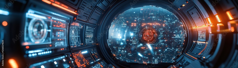 Poster futuristic space exploration control room outer space digital art sci-fi environment wide view techn
