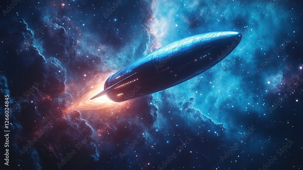 Aufkleber spaceship launching through cosmic clouds outer space digital art sci-fi environment wide-angle view
