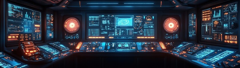 Exploring a futuristic control room science fiction setting digital interface high-tech environment wide-angle view