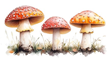 Illuminated Fantasy Mushrooms with Watercolor Art and Mystical Forest Setting Photo