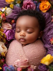 adorable newborn baby girl, wrapped in a soft pink blanket with flowers and roses on a purple fur rug background