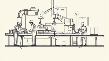 Obraz premium Factory workers operate automated machinery, packaging products