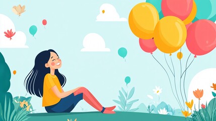Joyful Girl and Colorful Balloons Outdoor